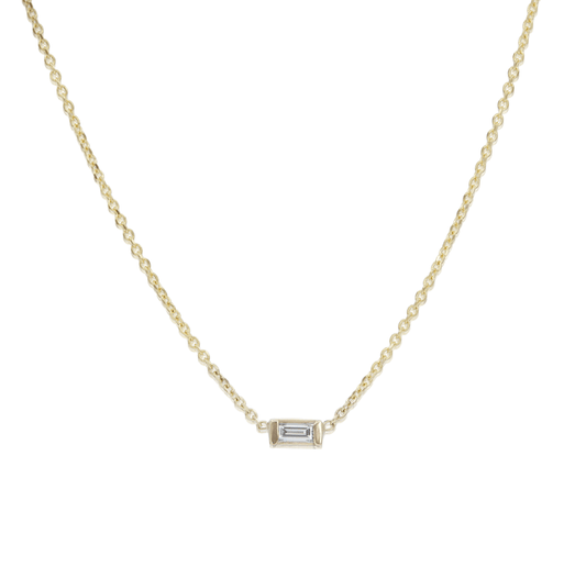 Bezel diamond baguette necklace and chain on white background