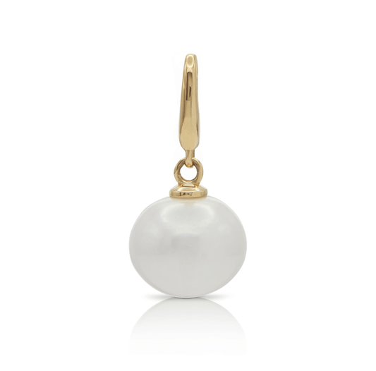 Single pearl drop charm with a gold clasp on a white background
