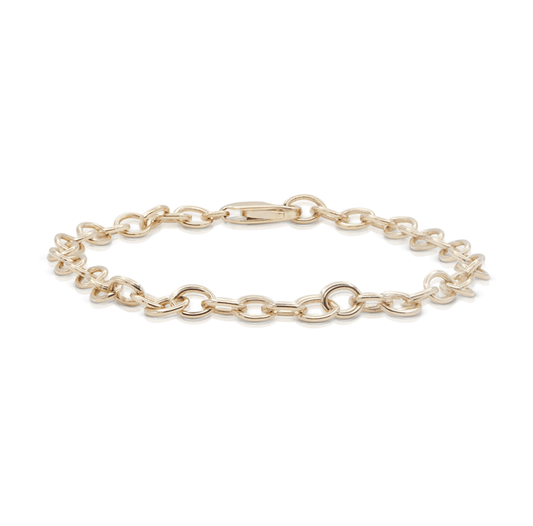 Gold chain bracelet with clasp on a white background