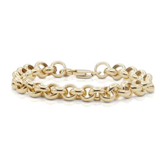Gold chunky chain bracelet on white background