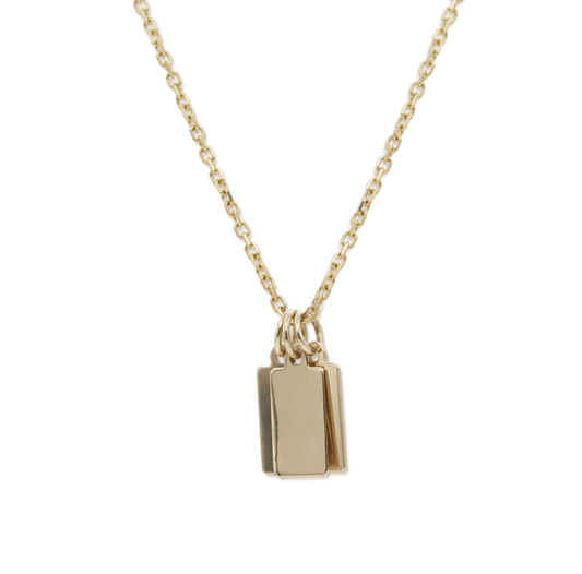 Gold rectangular tag charms on a gold chain