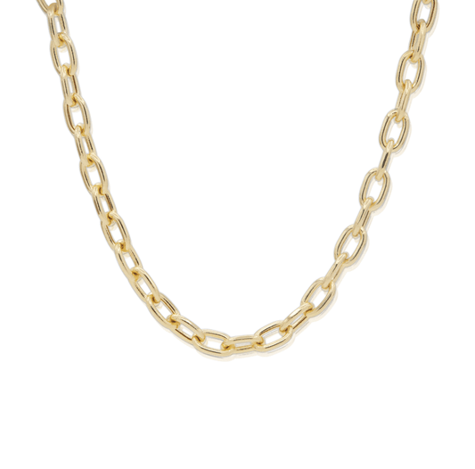 Elongated links gold chain necklace on white background