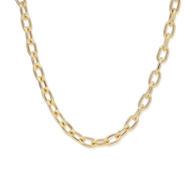 Elongated links gold chain necklace on white background