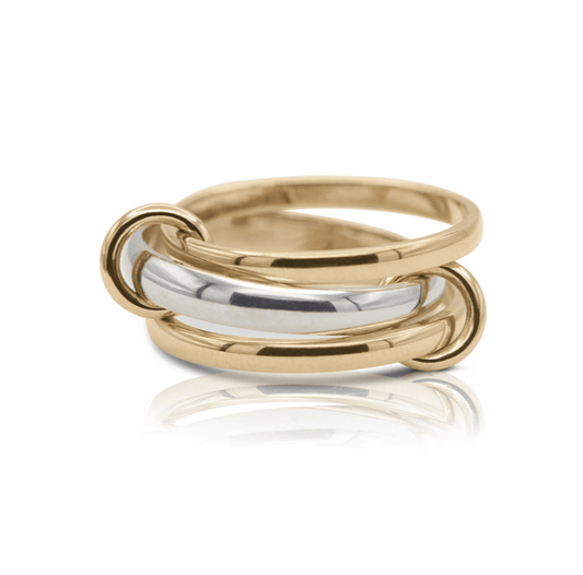Three-band yellow and white gold ring with loops connecting all of them together