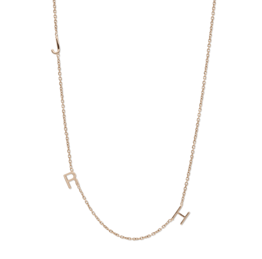 Long gold chain necklace with three initial letters in gold