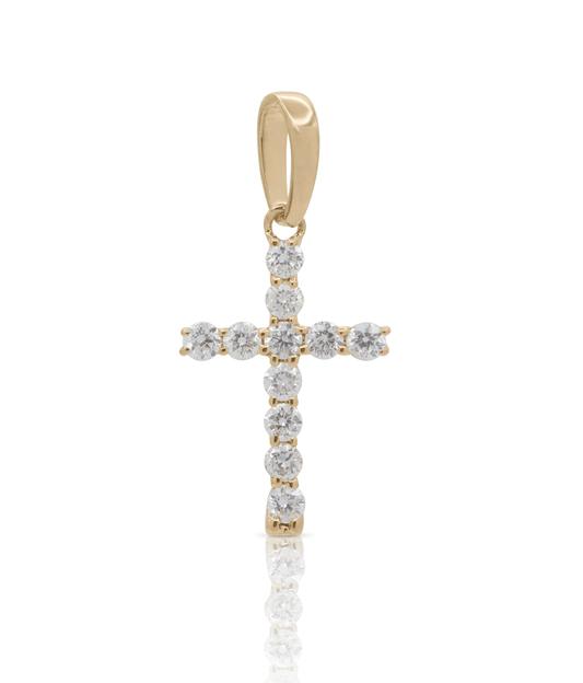 Diamond-studded cross pendant with gold setting and loop on a white background
