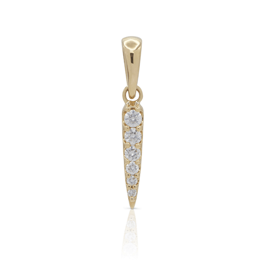 Gold pave dagger charm encrusted with diamonds on a white background