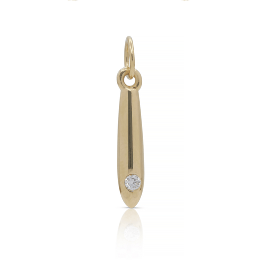 Gold dagger pendant with single diamond solitaire on a white background
