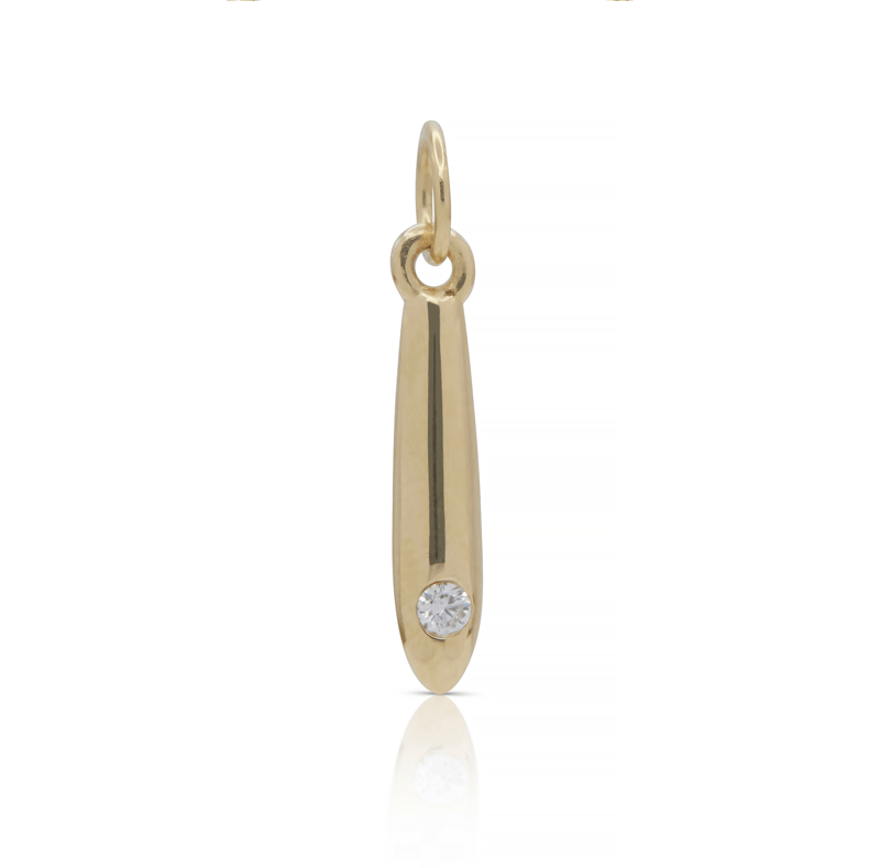 Gold dagger pendant with single diamond solitaire on a white background