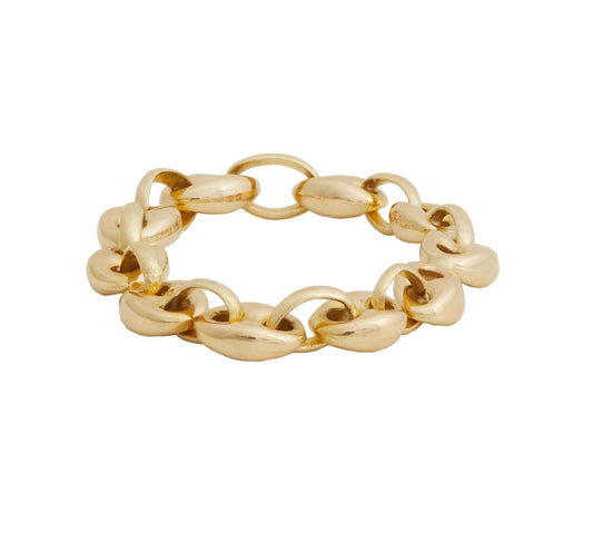 Chunky gold chain ring band on a white background