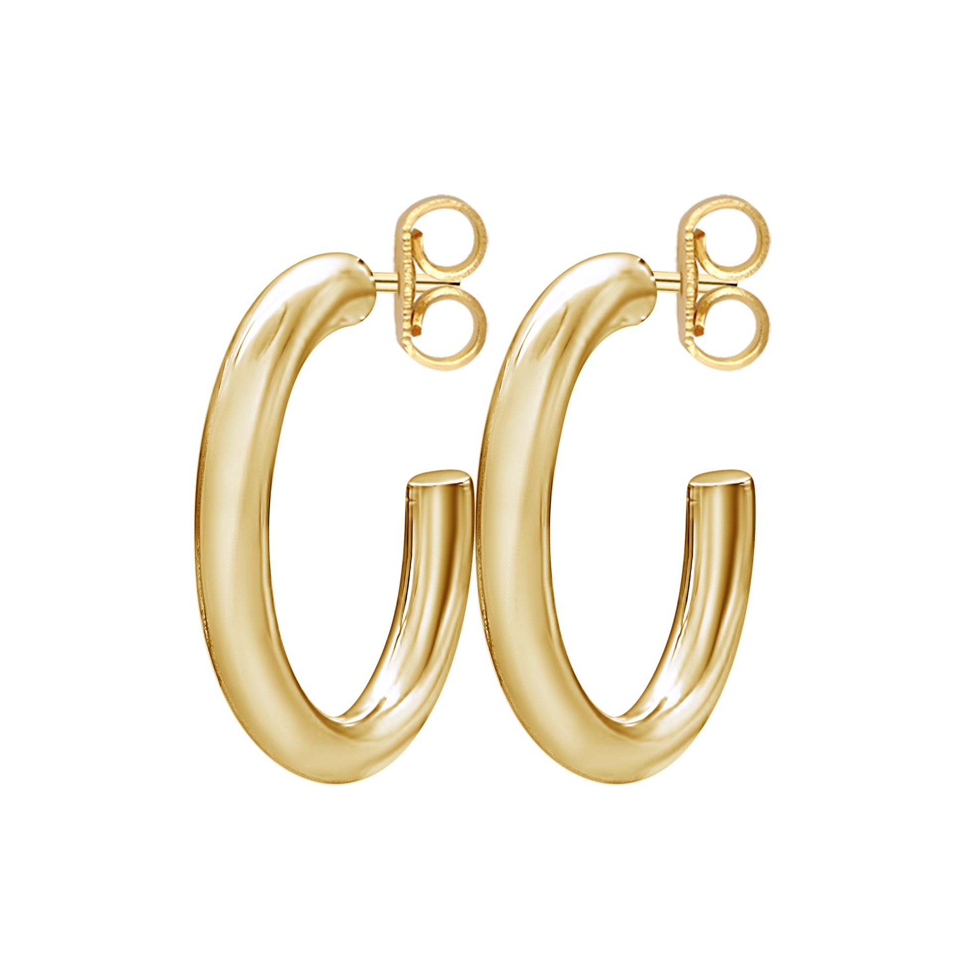Set of gold hoop earrings on white background
